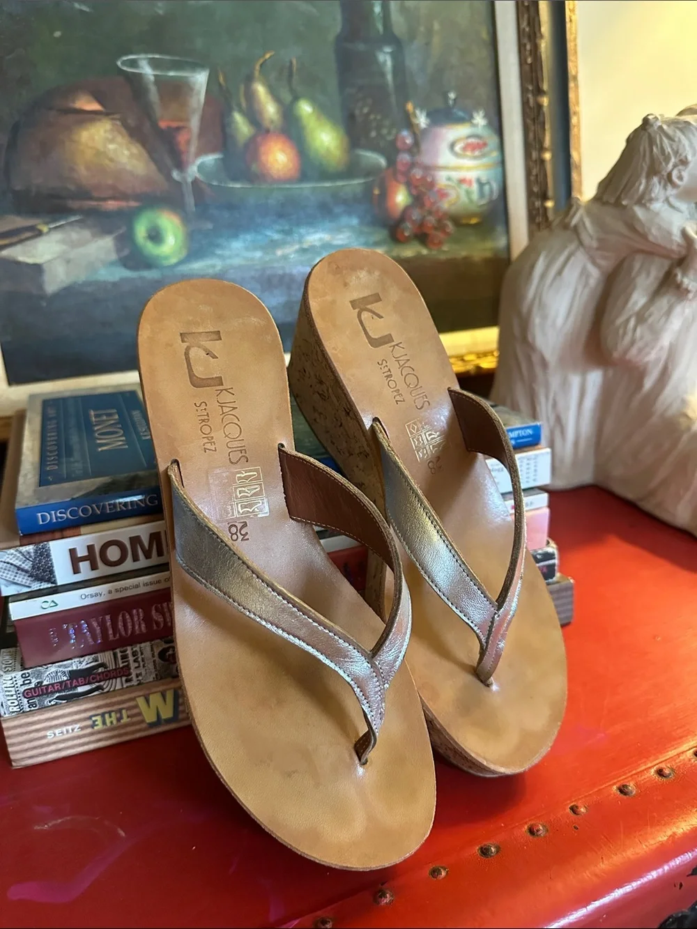 K.Jacques Metallic Gold Cork Wedge Thong Sandals